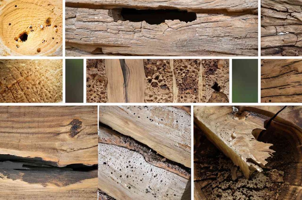 Various types of wood with bite marks and termite tunnels